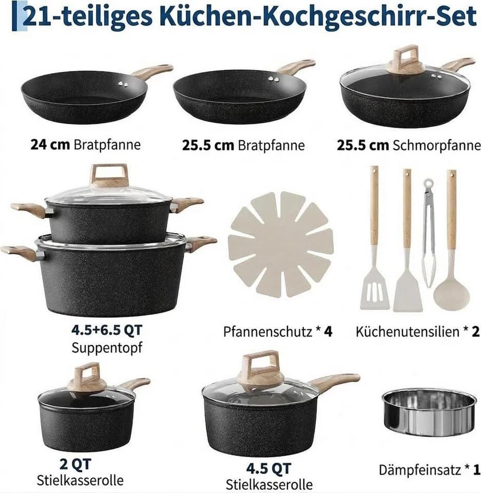 GarveeMore 21-tlg. Keramik-Topfset Schwarz Antihaft Induktion