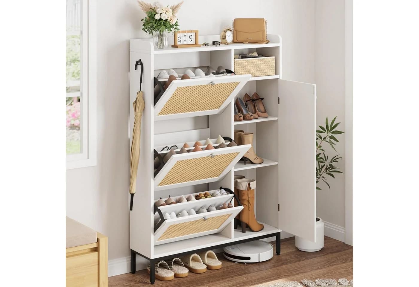 GarveeMore Schuhschrank Rattan Weiß 3 Klappschubladen Verstellbare Regale
