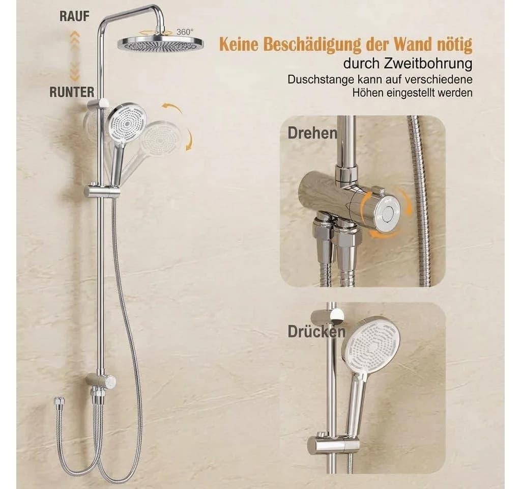 GarveeMore Duschsystem mit Regenduschkopf & Handbrause Edelstahl