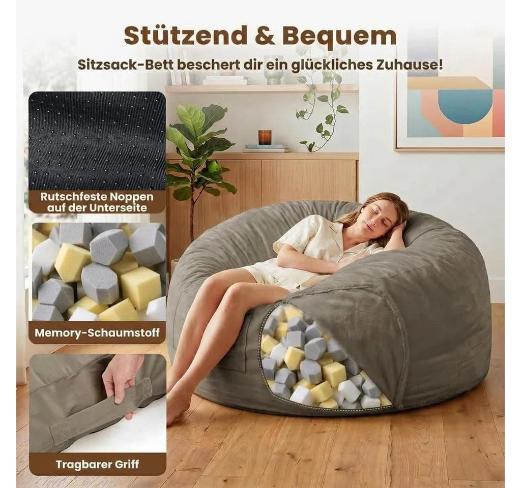 GarveeMore Relaxsessel 3-in-1 Sitzsack Bett grau Memory-Schaum - Bild 5