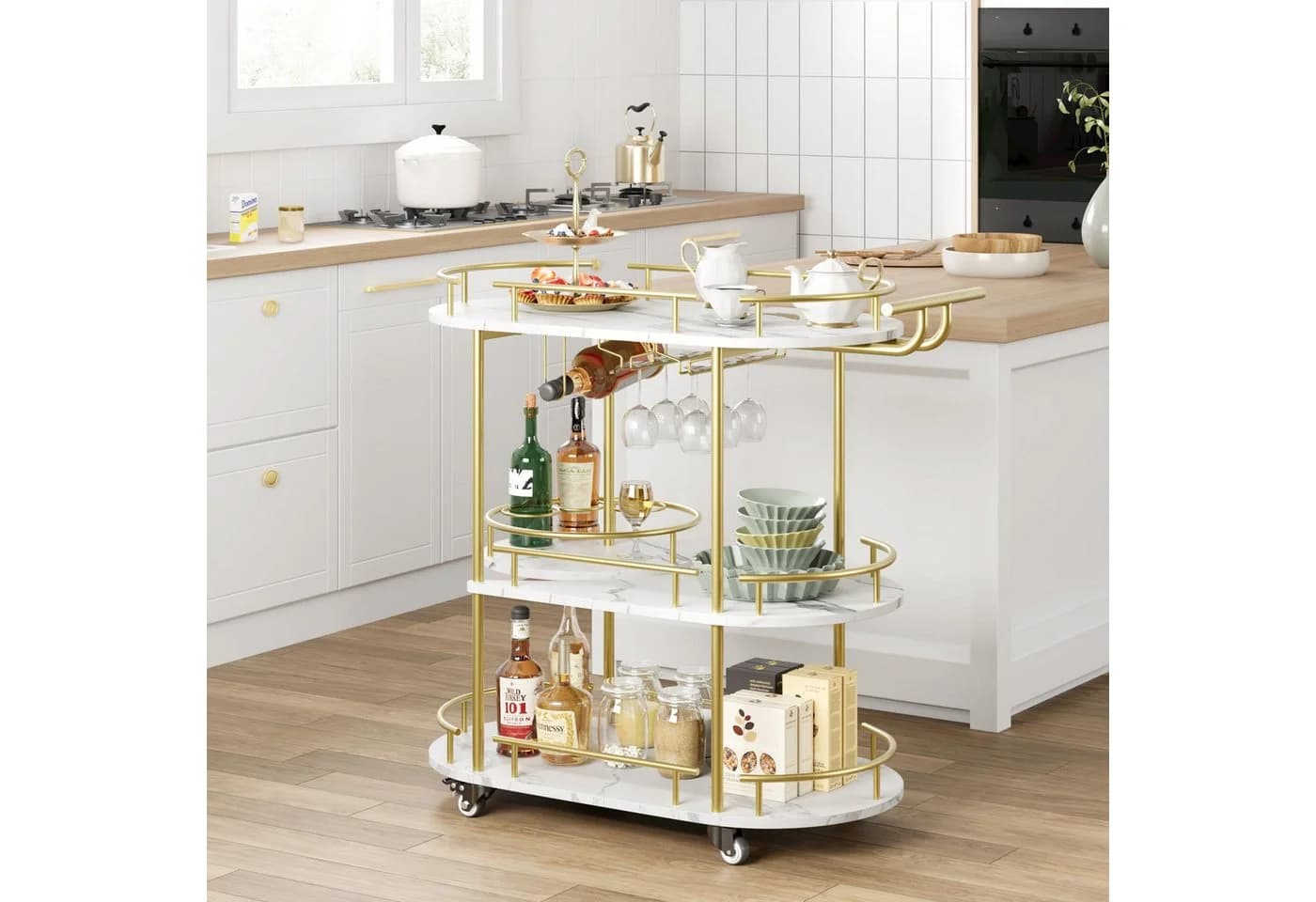 GarveeMore Barwagen 3-stöckig Gold Weinregal Glasregal - Bild 3