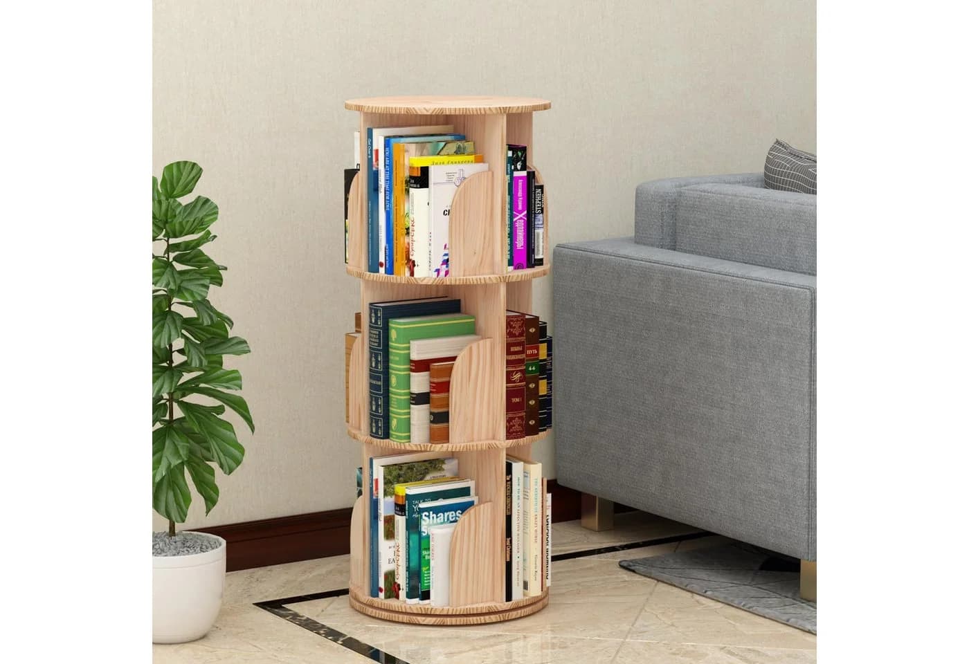 GarveeMore Bücherregal 360 Grad drehend Massivholz