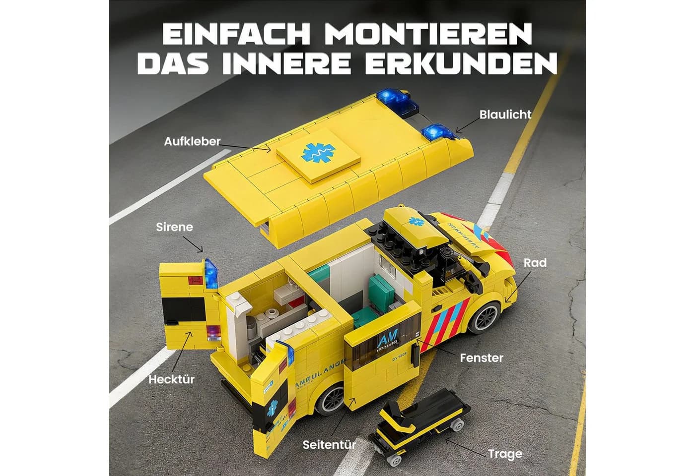 Bundviel Stadt-Rettungswagen Bausteine Set 648 Teile Gelb - Bild 3