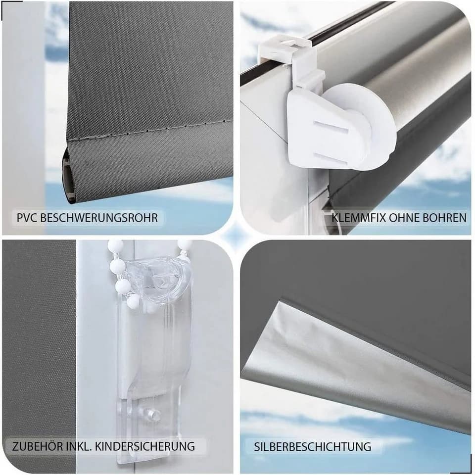 OUBO Verdunklungsrollo Klemmfix Grau Seitenzug - Bild 4