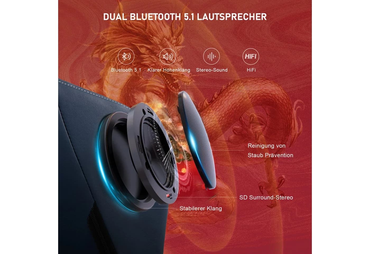 GTPLAYER Dragon Gaming Stuhl mit Bluetooth Lautsprecher & Fußstütze