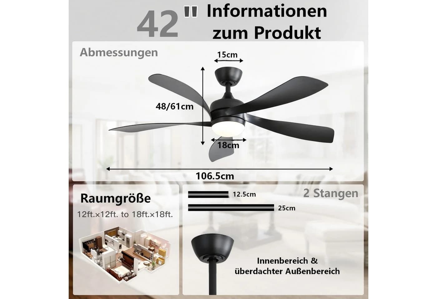 Sofucor Deckenventilator Schwarz mit LED-Licht und Fernbedienung