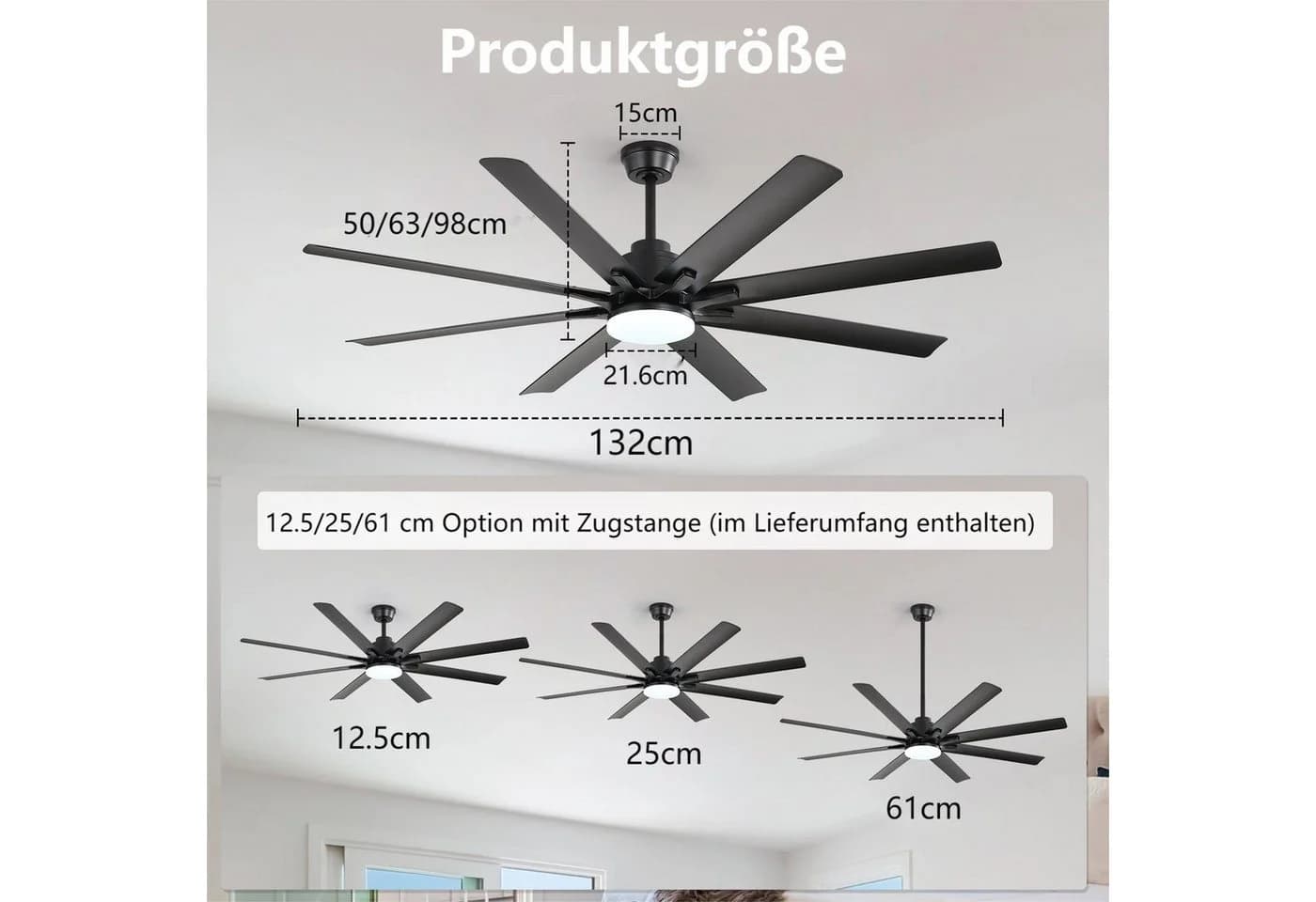 Sofucor Deckenventilator mit LED & Fernbedienung, Ø 132 cm, 6 Windstärken