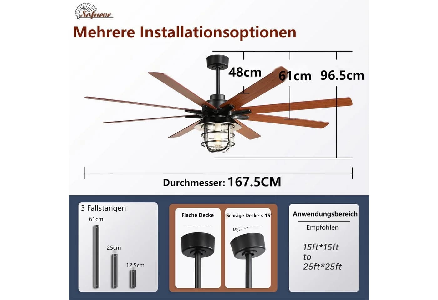 Sofucor Deckenventilator 167,5 cm Schwarz mit E26 LED & Fernbedienung