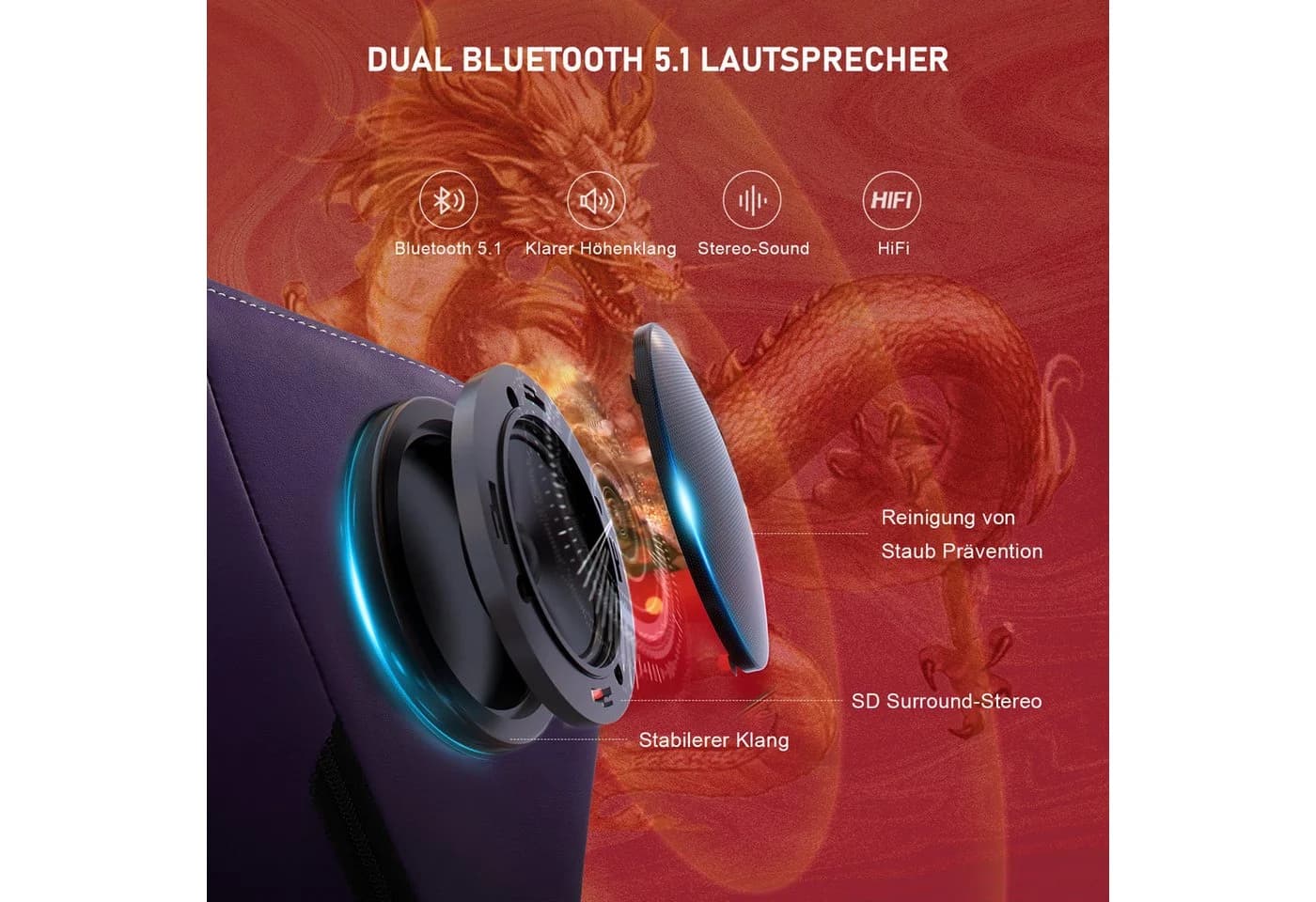 GTPLAYER Gaming-Stuhl Dragon Series Violett mit Bluetooth-Lautsprechern