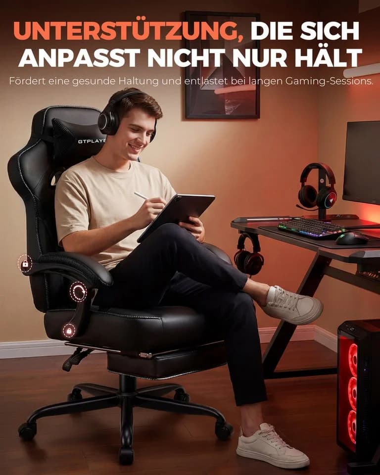 GTPLAYER Gaming-Stuhl Bürostuhl mit Lenden- und Kopfstütze Kunstleder Schwarz