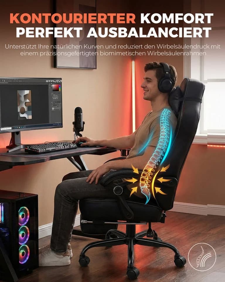 GTPLAYER Gaming-Stuhl Bürostuhl mit Lenden- und Kopfstütze Kunstleder Schwarz - Bild 3