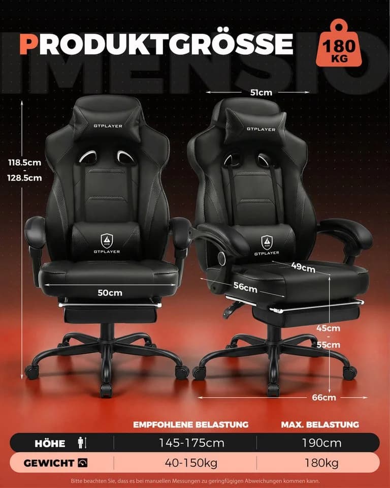 GTPLAYER Gaming-Stuhl Bürostuhl mit Lenden- und Kopfstütze Kunstleder Schwarz - Bild 5