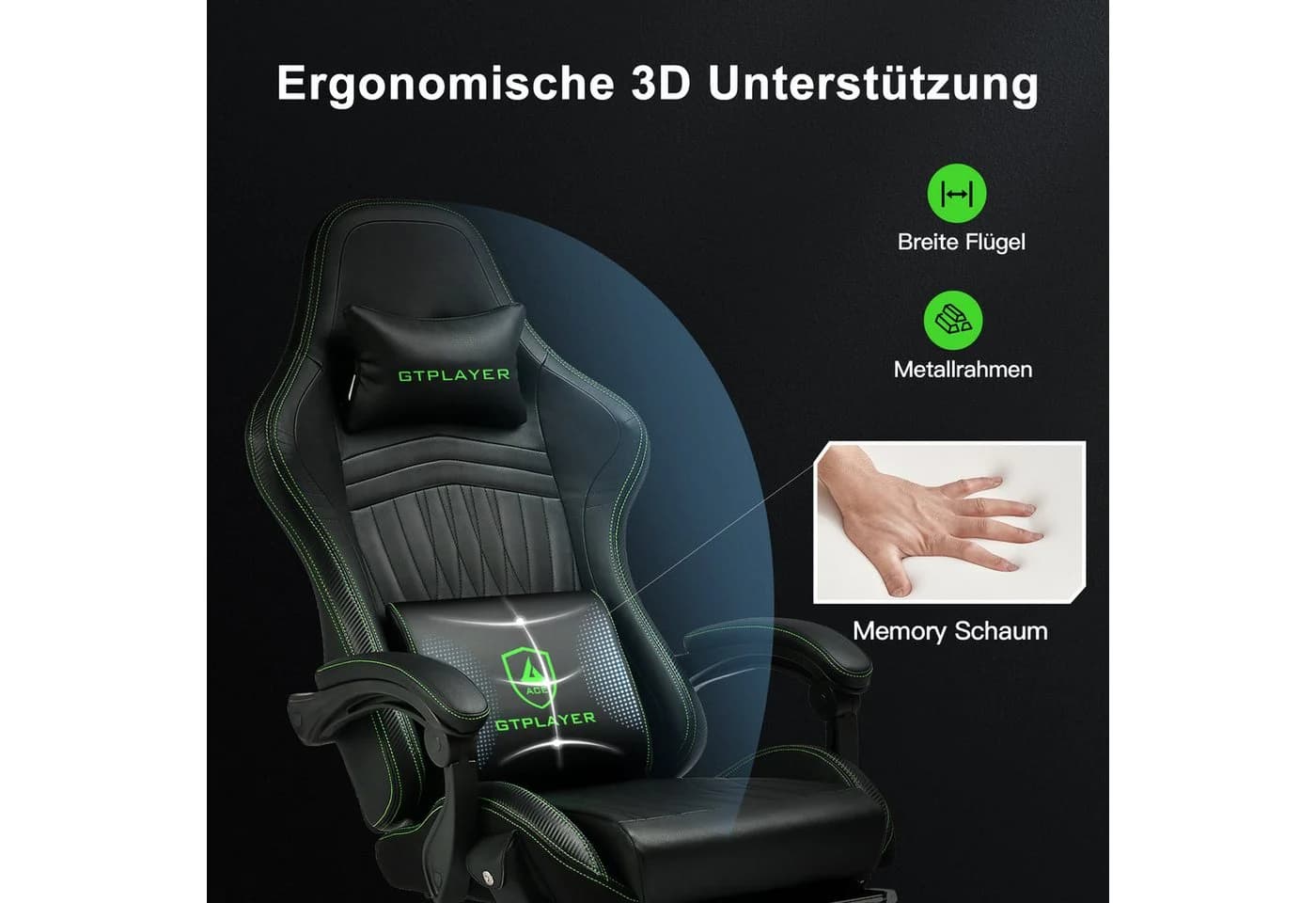 GTPLAYER Gaming-Stuhl mit HIFI Lautsprechern und Fußstütze Grün - Bild 4