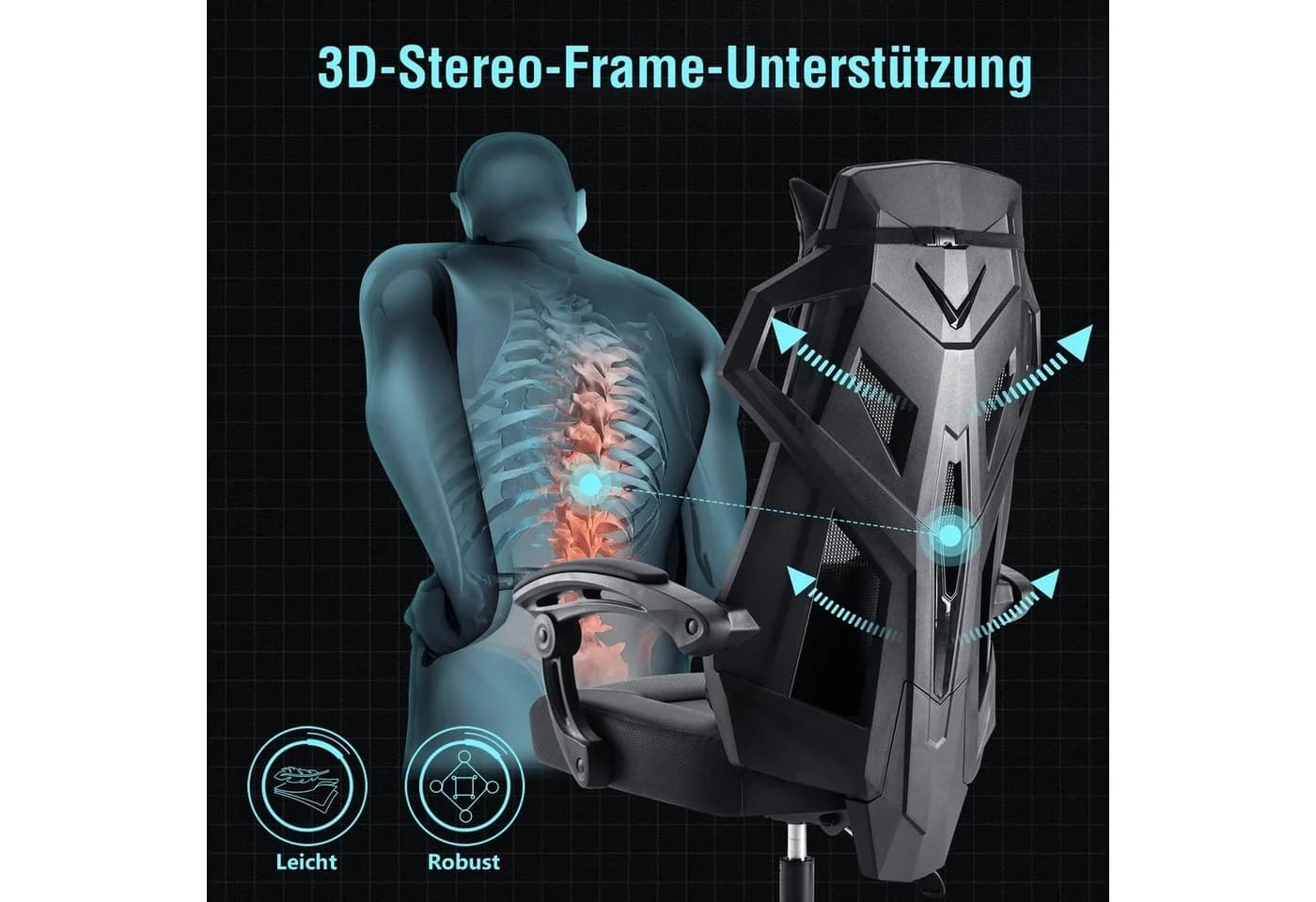 GTPLAYER Bürostuhl Ergonomischer Gamingstuhl Schwarz mit Lordosenstütze