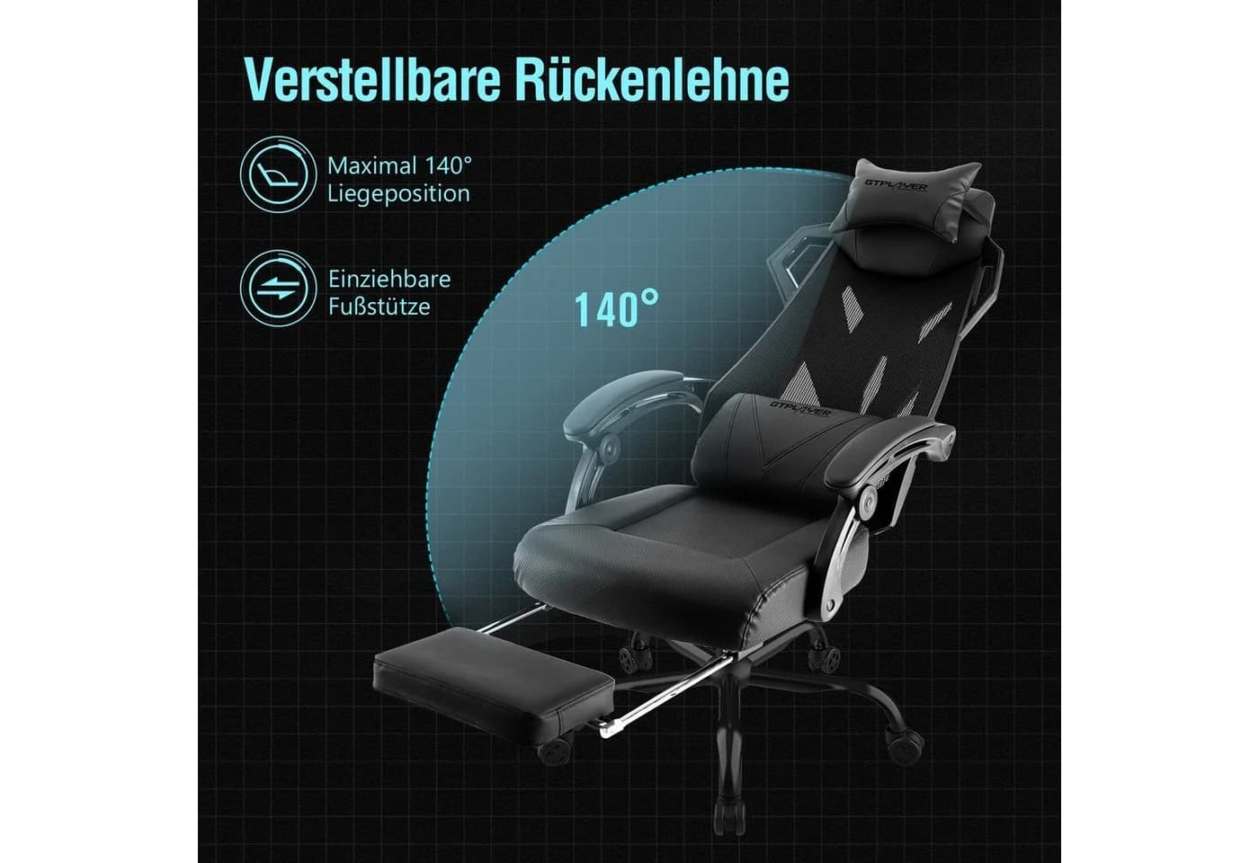 GTPLAYER Bürostuhl Ergonomischer Gamingstuhl Schwarz mit Lordosenstütze - Bild 5