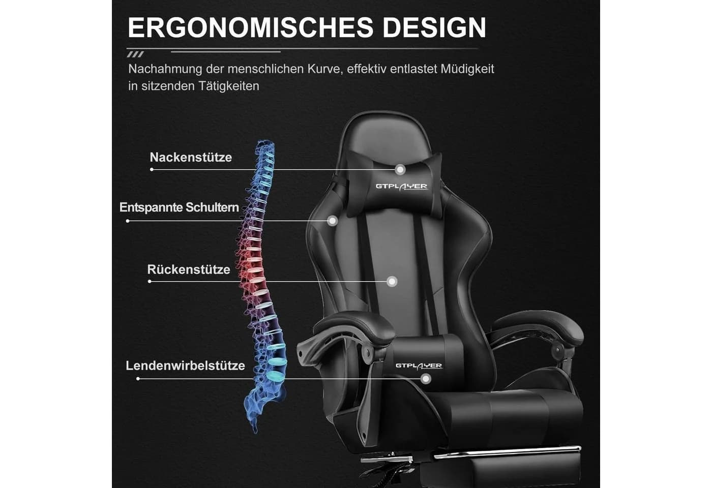 GTPLAYER Gaming-Stuhl Schwarz mit Massagefunktion und Fußstütze