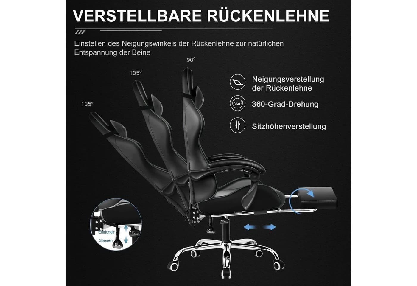 GTPLAYER Gaming-Stuhl Schwarz mit Massagefunktion und Fußstütze - Bild 5