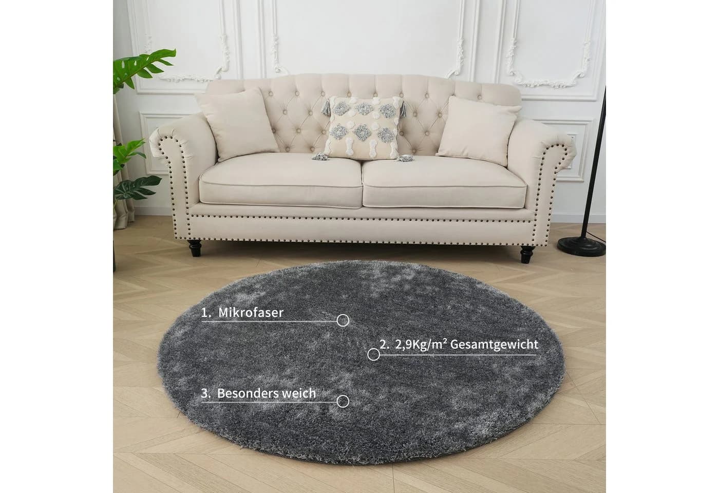 Bruno Banani Hochflor-Teppich Grau Rund Uni-Design