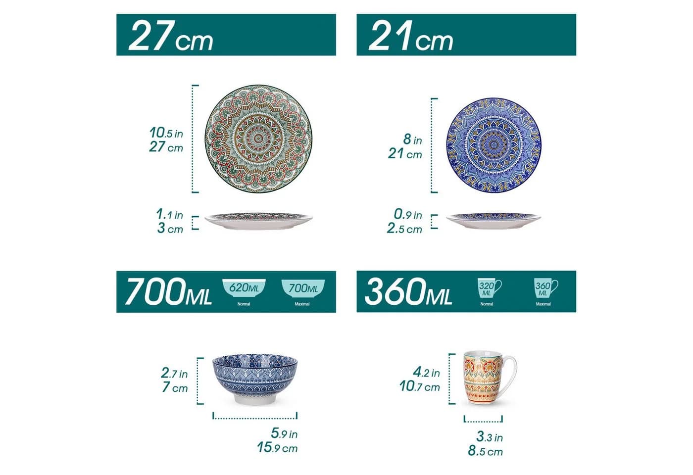 vancasso Geschirr-Set 16-tlg MANDALA Porzellan Bunt Boho