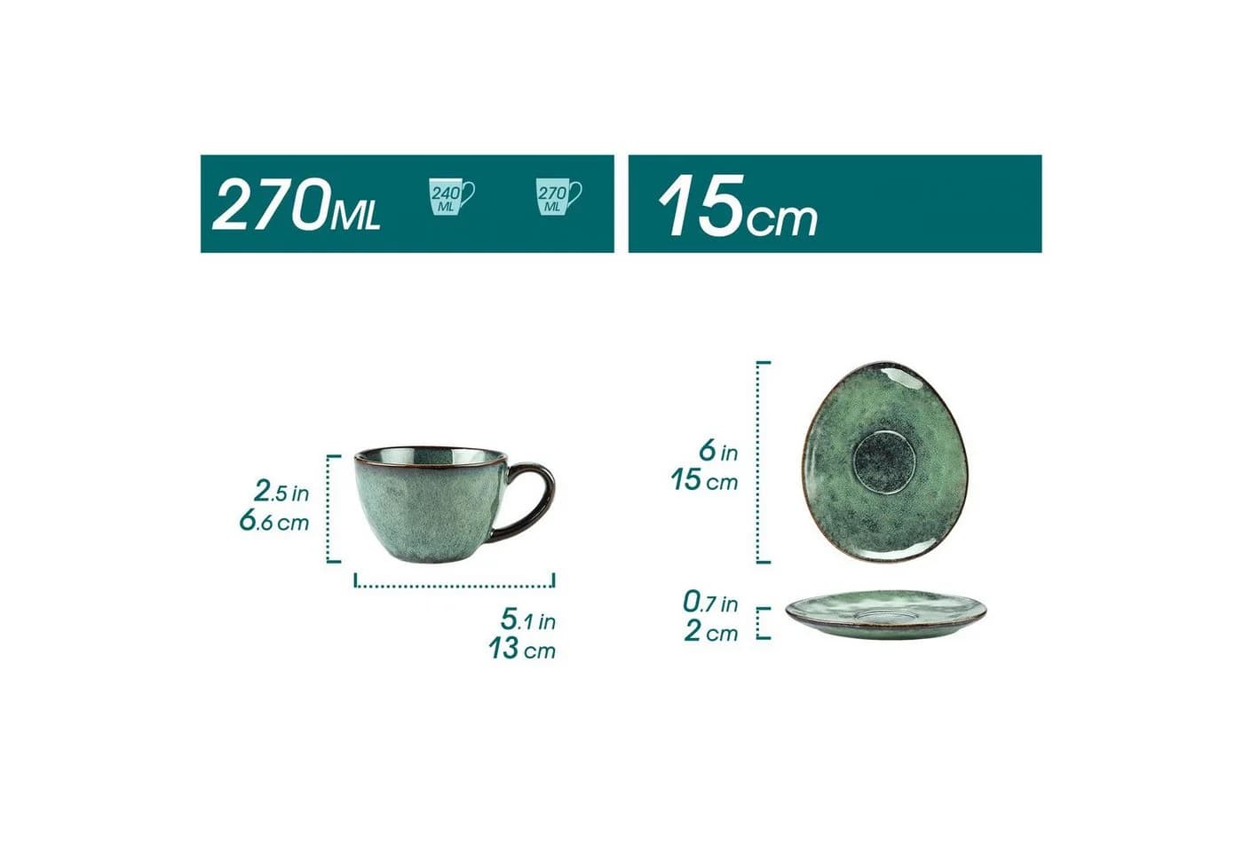 vancasso Kaffeeservice 4-tlg. Steingut Tasse mit Unterteller Grün Reaktivglasur