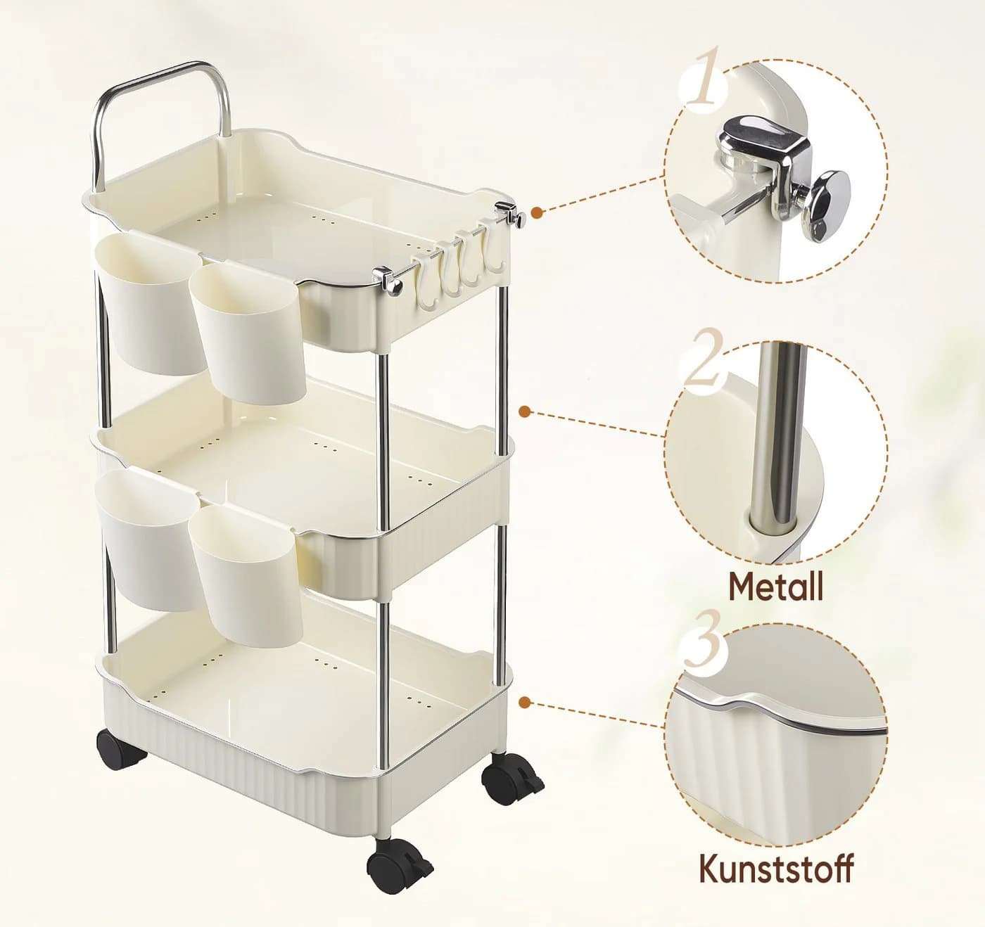 ElitVita Beistellwagen 3 Ebenen Beige mit Rollen & Haltern - Bild 5