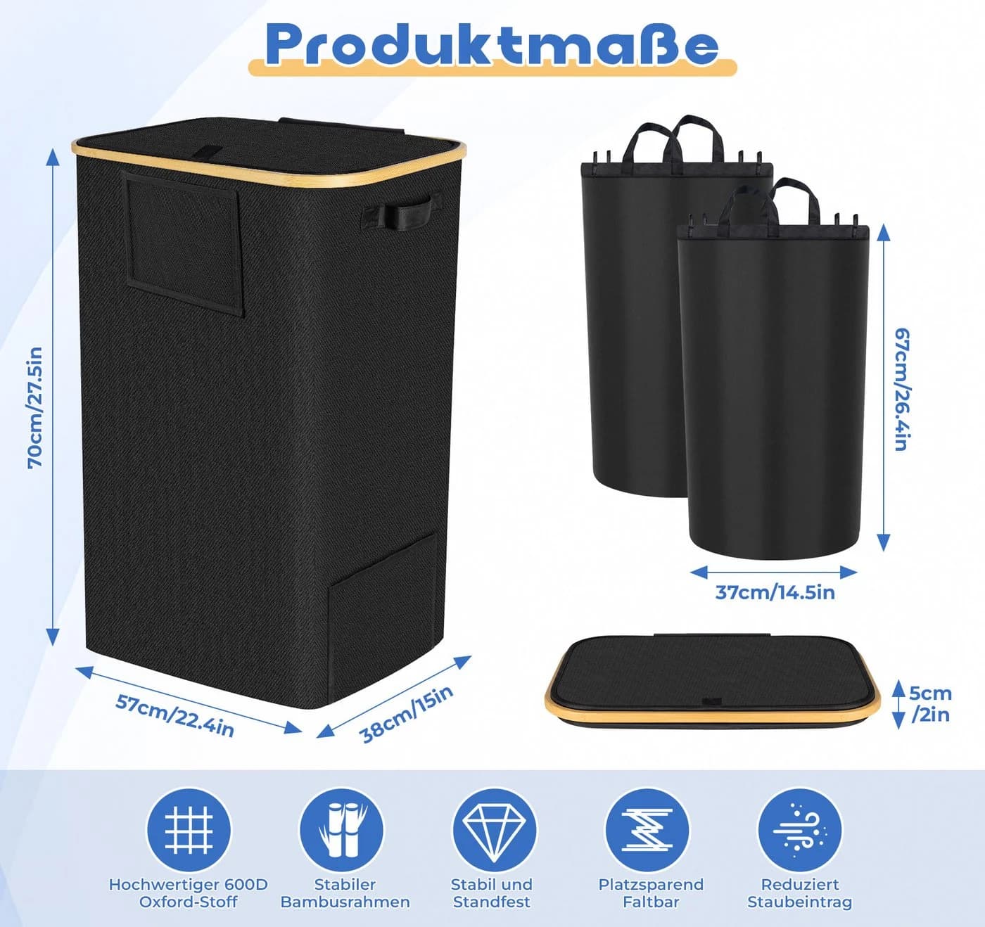 ElitVita Wäschebox 150L Schwarz Faltbar mit 2 Wäschesäcken