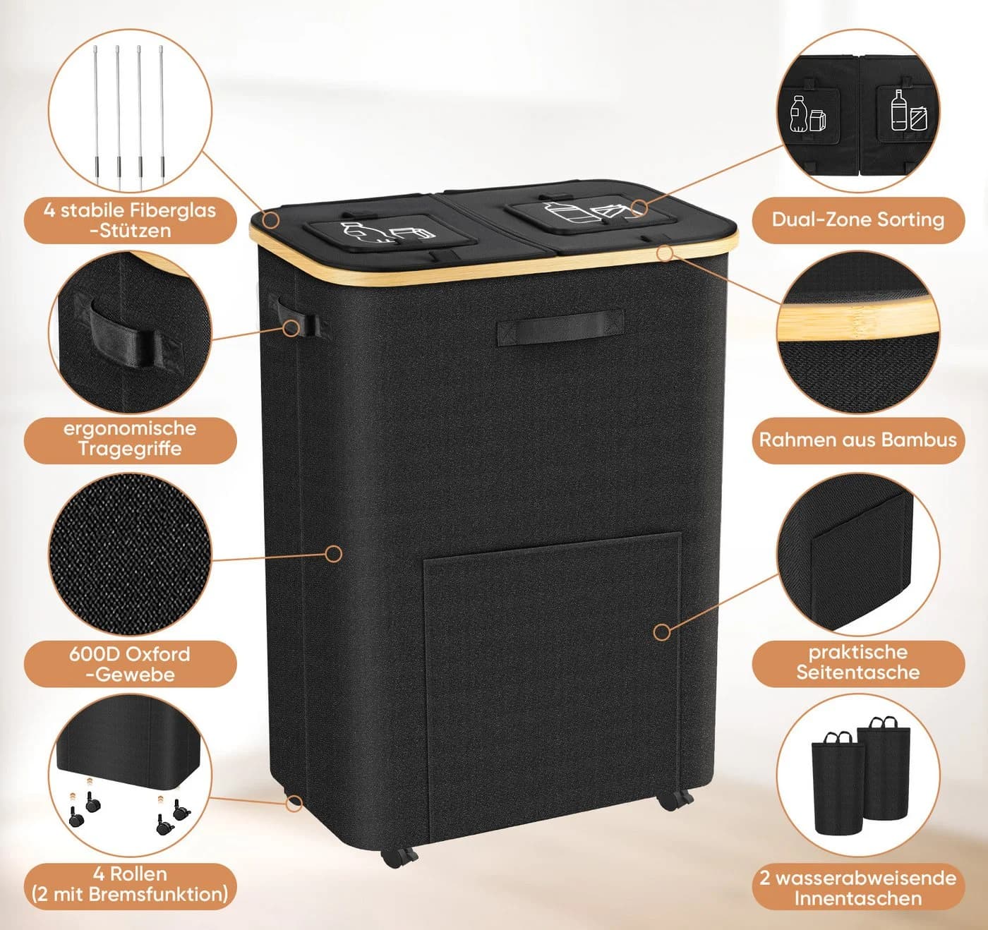 ElitVita Flaschensammler 160L Schwarz 2 Fächer mit Rollen - Bild 4