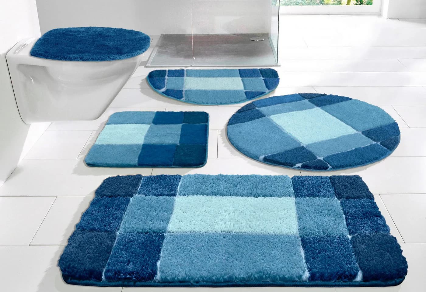 my home Badematte Pia, Badvorleger, Badezimmer Teppich, Höhe 20 mm, rutschhemmend beschichtet, fußbodenheizungsgeeignet, schnell trocknend, strapazierfähig, Polyester, rechteckig, 3-tlg. Stand-WC Set, Badteppich, karierte Badematten, rechteckig, rund & als 3-tlg. Set