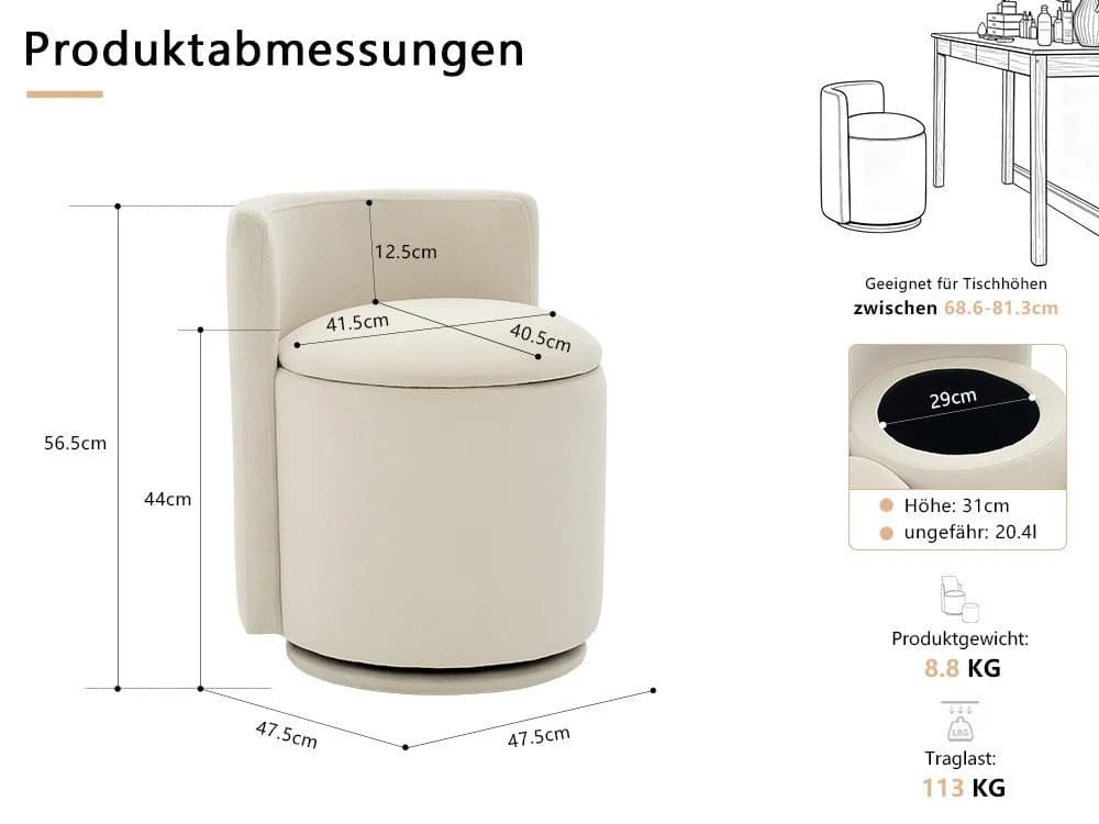DEKKETO Schminkstuhl Samt Beige mit Stauraum & 360° Drehfuß