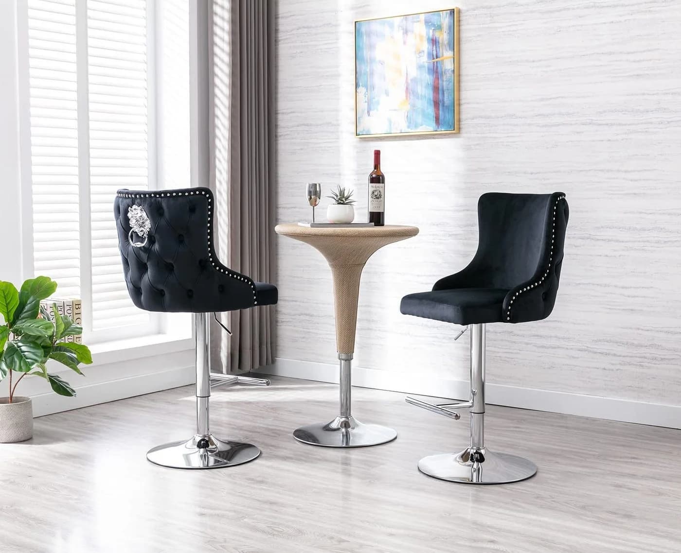 WAHSON OFFICE CHAIRS Barhocker Set 2er Samt Löwenkopf Schwarz