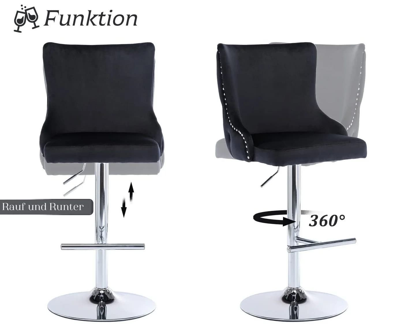 WAHSON OFFICE CHAIRS Barhocker Set 2er Samt Löwenkopf Schwarz - Bild 5