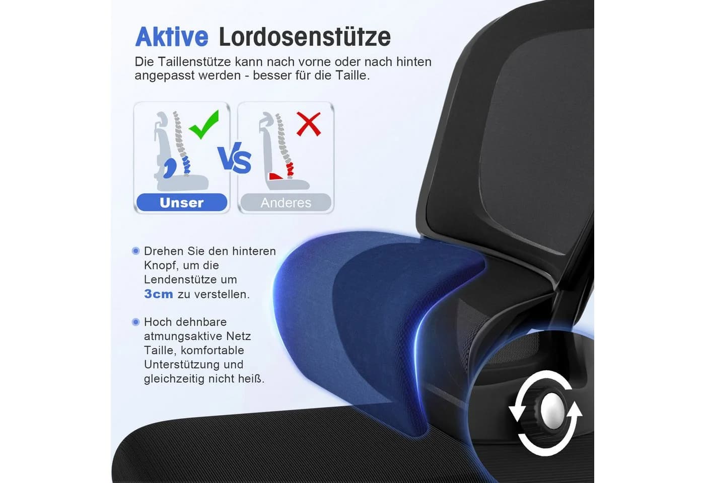 Homimaster Bürostuhl Ergonomisch Schwarz Mesh mit Kopfstütze - Bild 3