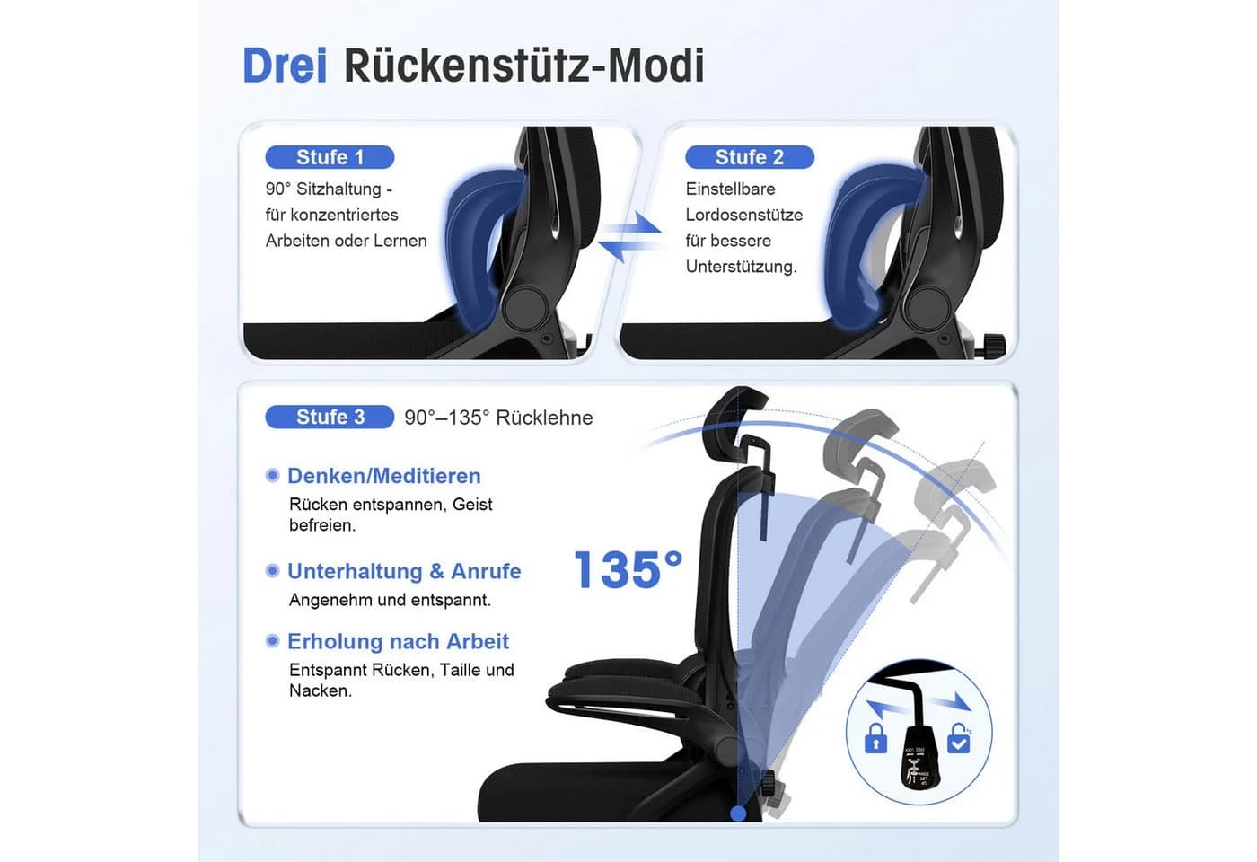 Homimaster Bürostuhl Ergonomisch Schwarz Mesh mit Kopfstütze - Bild 4