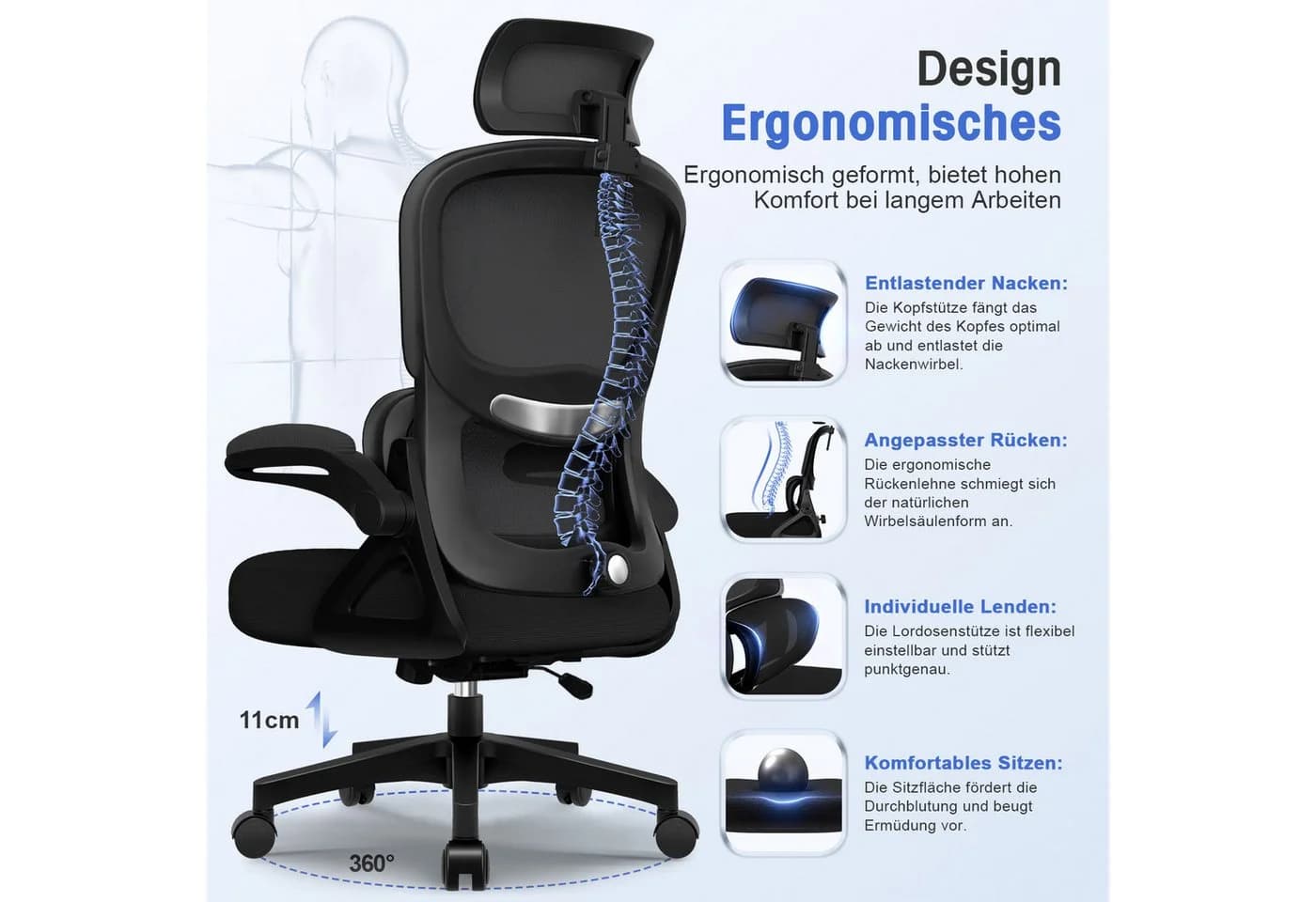 Homimaster Bürostuhl Ergonomisch Schwarz Mesh mit Kopfstütze - Bild 5