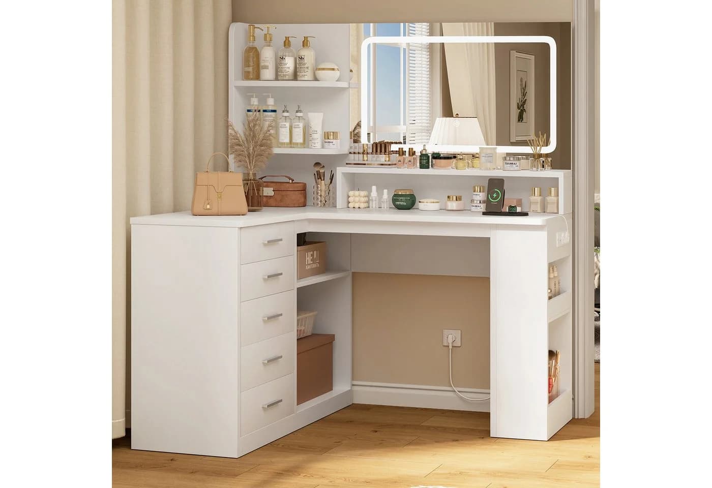 TEENFON Schminktisch weiß mit 5 Schubladen und LED-Beleuchtung - Bild 3