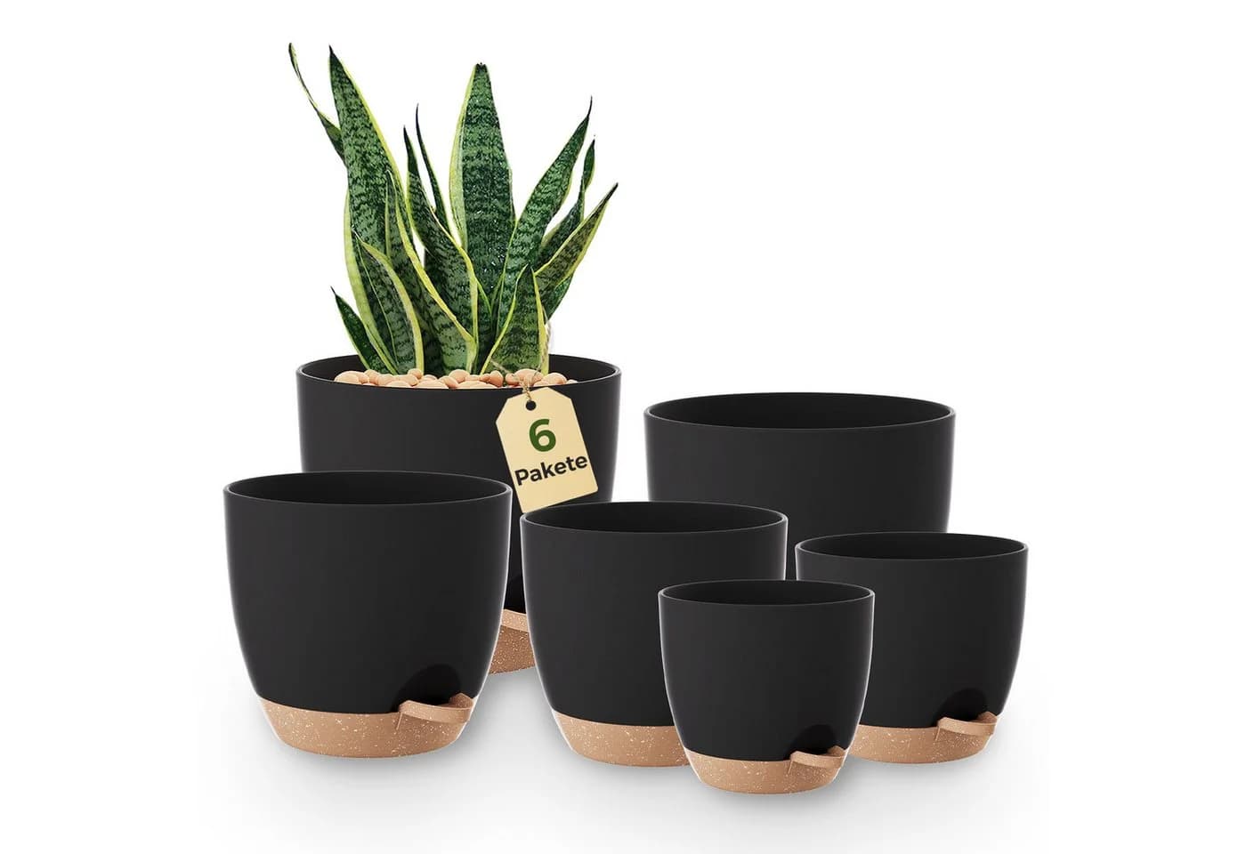 Bamworld Blumentopf 6er-Set Schwarz Selbstbewässerung Kunststoff - Bild 2