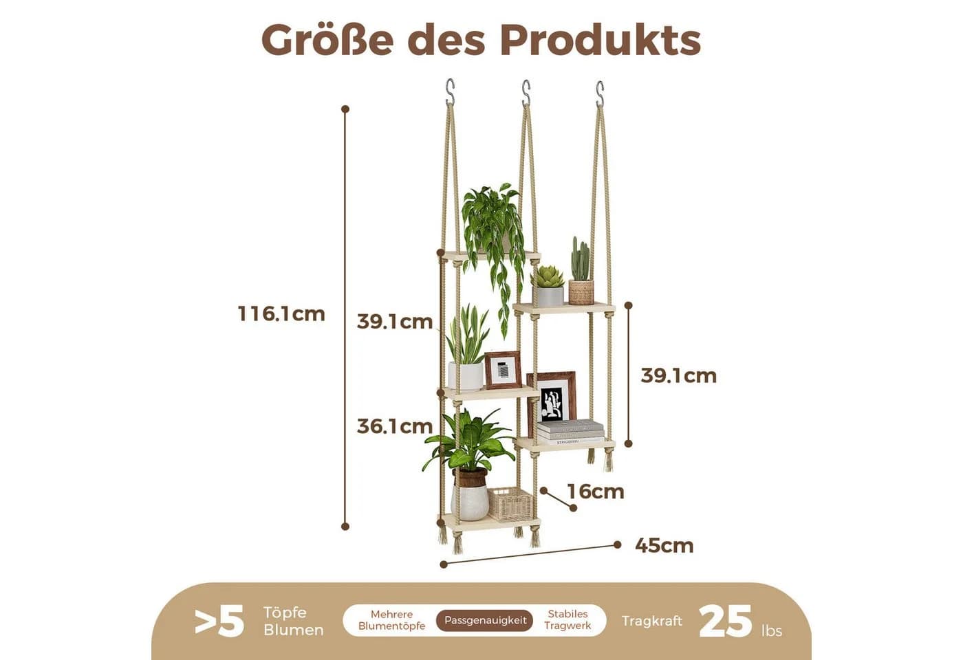 Bamworld Blumenampel Holz Hängepflanzenregal Boho Dekoration