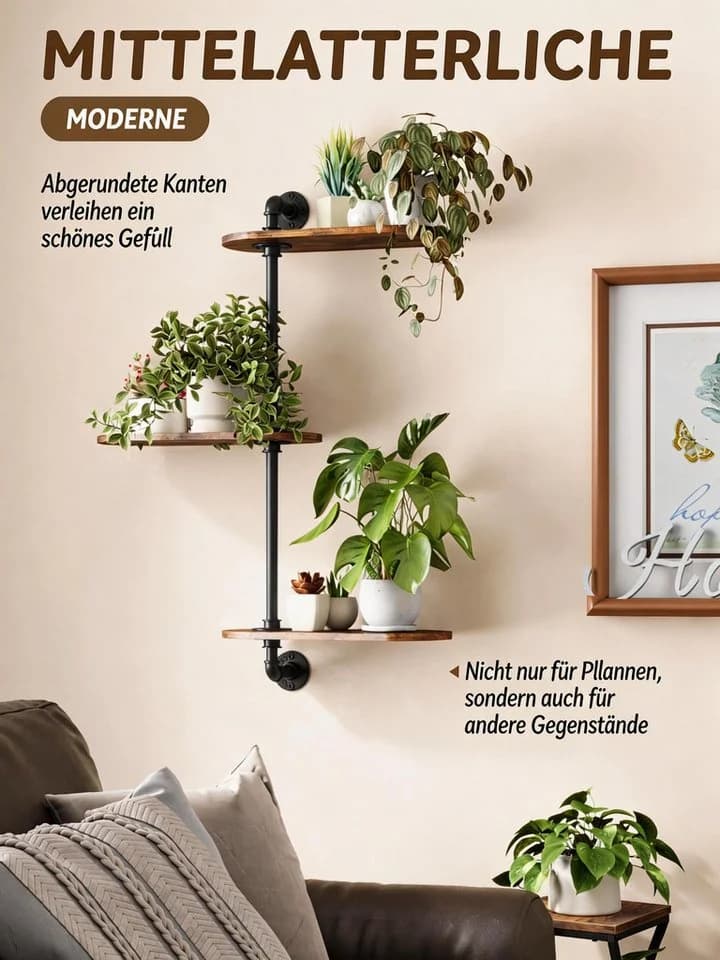 Bamworld 3-stufiges drehbares Wandpflanzenregal Industrie Design Holz Metall - Bild 4