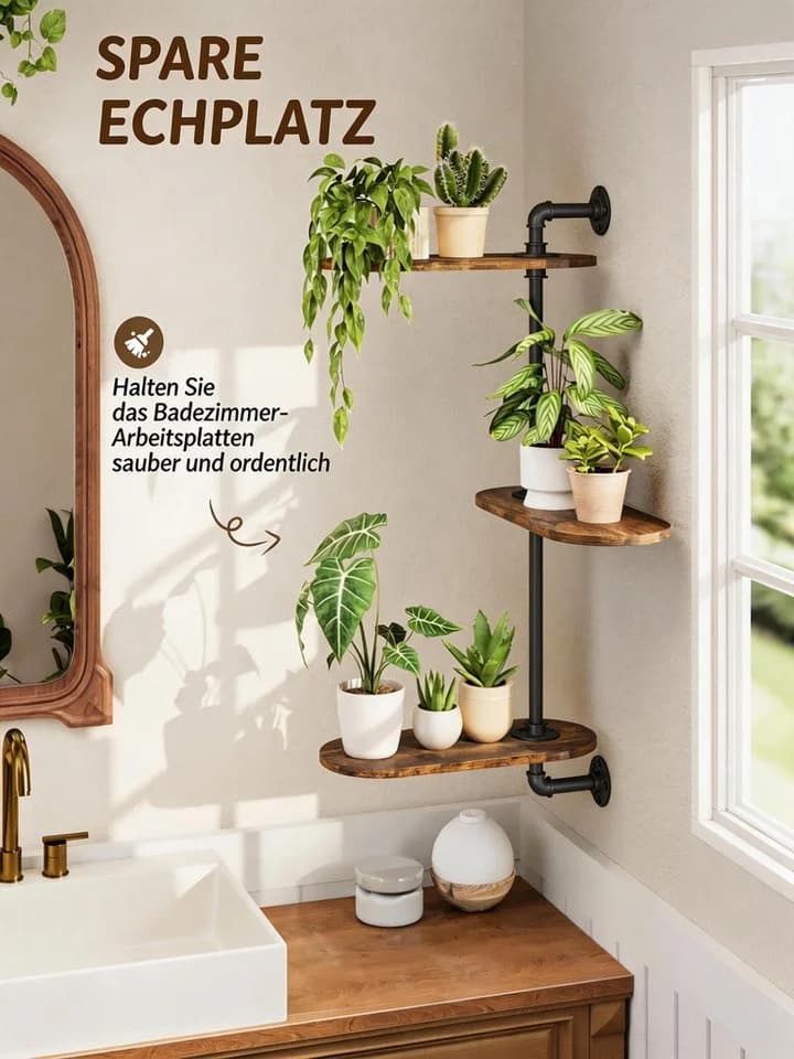 Bamworld 3-stufiges drehbares Wandpflanzenregal Industrie Design Holz Metall - Bild 5