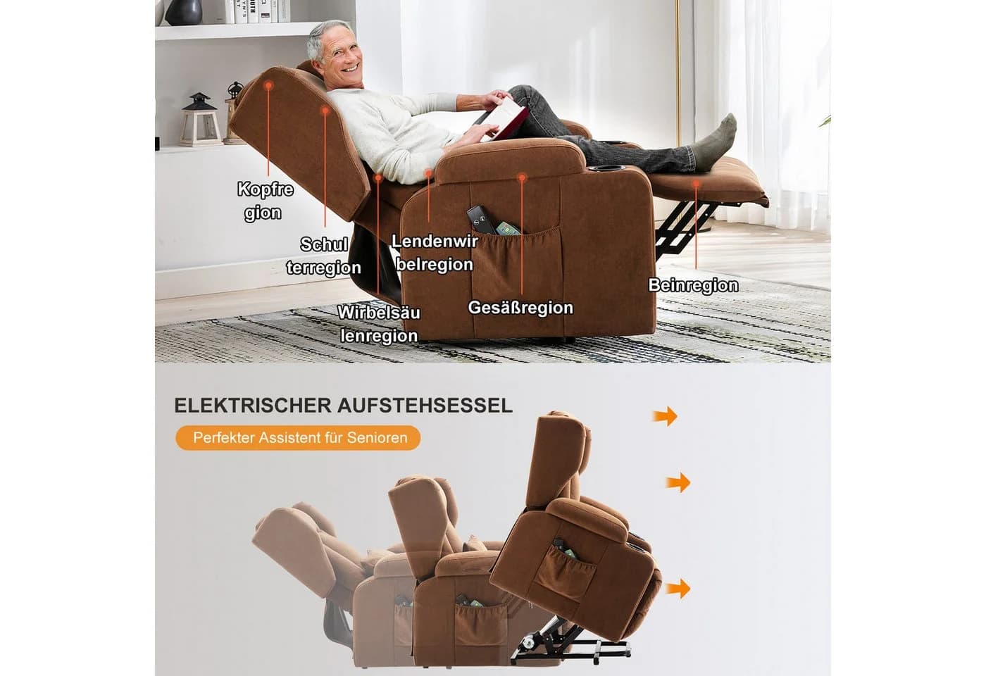 COMHOMA Relaxsessel mit Aufstehhilfe und Massagefunktion Braun - Bild 5