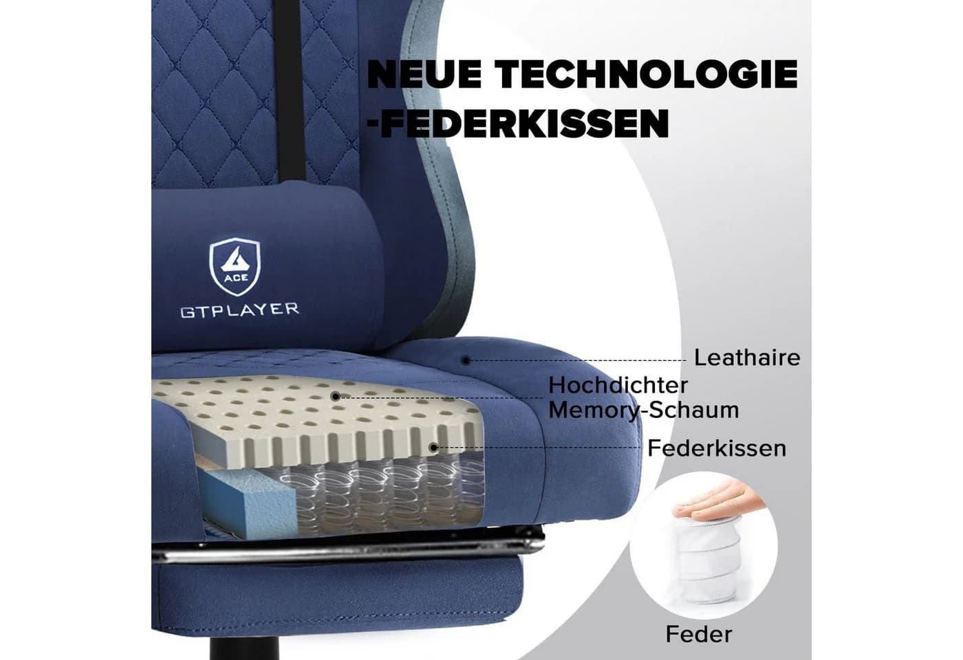 GTPLAYER Gaming-Stuhl Ergonomisch mit Fußstütze Stoff blau