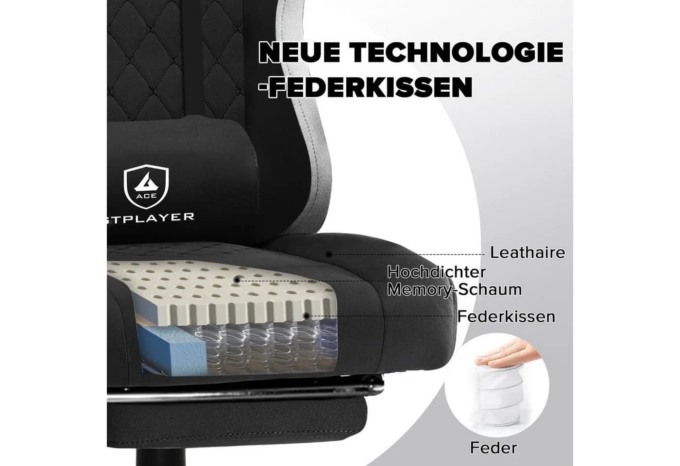 GTPLAYER Gaming-Stuhl Ergonomisch mit Fußstütze und Stoffbezug Schwarz