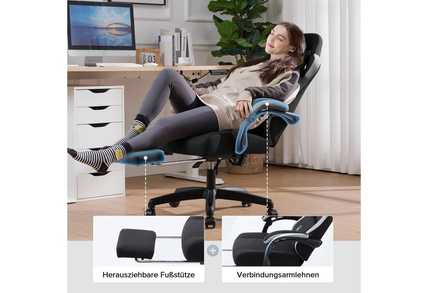 GTPLAYER Gaming-Stuhl Ergonomisch mit Fußstütze und Stoffbezug Schwarz - Bild 4