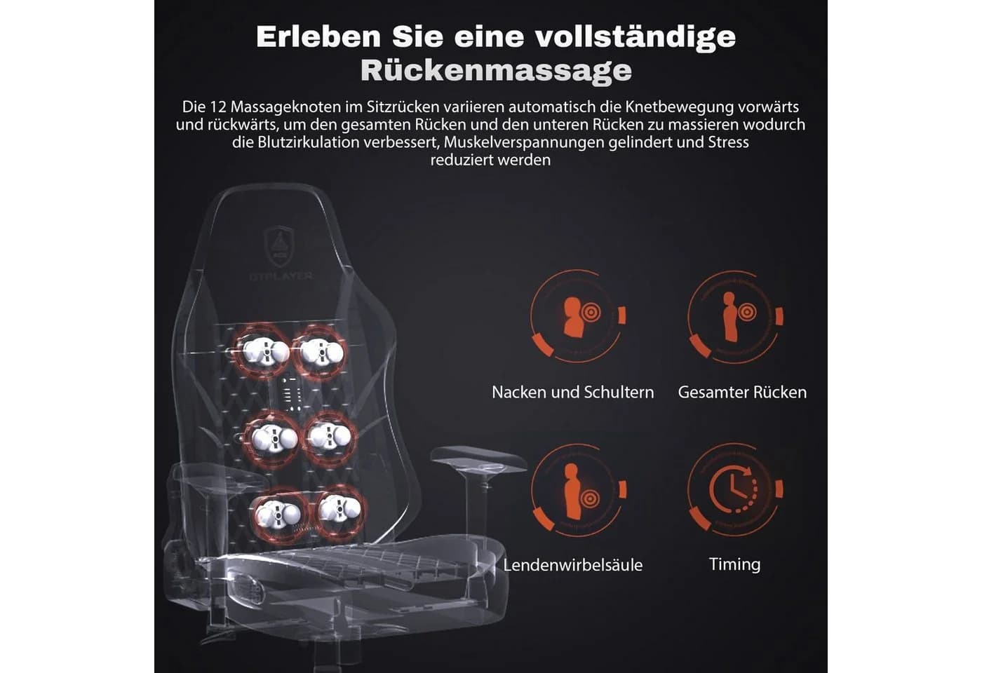 GTPLAYER Gaming-Stuhl mit Massage, 4D Armlehnen, Fußstütze, Ergonomisch - Bild 3