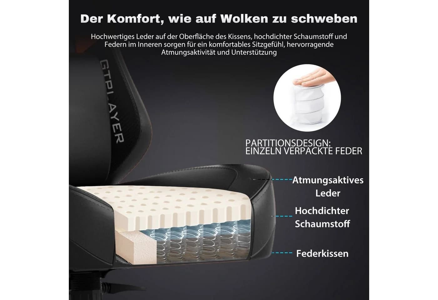 GTPLAYER Gaming-Stuhl mit Massage, 4D Armlehnen, Fußstütze, Ergonomisch - Bild 4