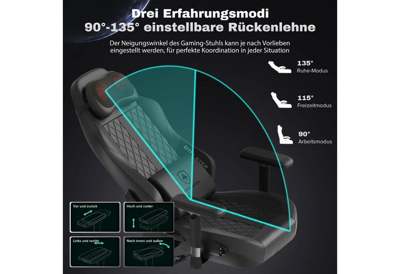 GTPLAYER Gaming-Stuhl mit Massage, 4D Armlehnen, Fußstütze, Ergonomisch - Bild 5