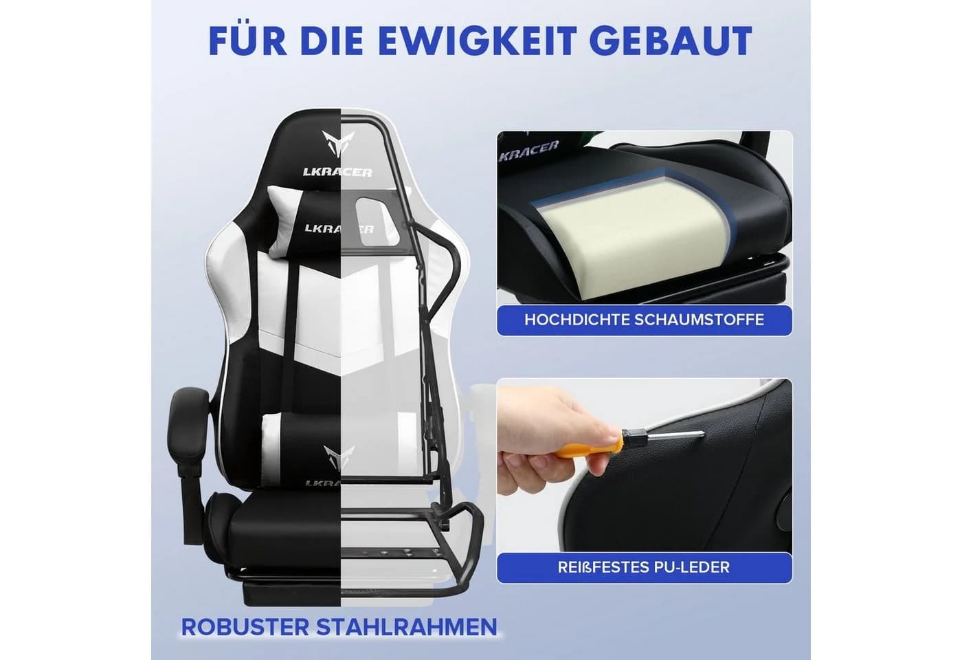 LUCKRACER Gaming-Stuhl Weiß Ergonomisch mit Lendenkissen