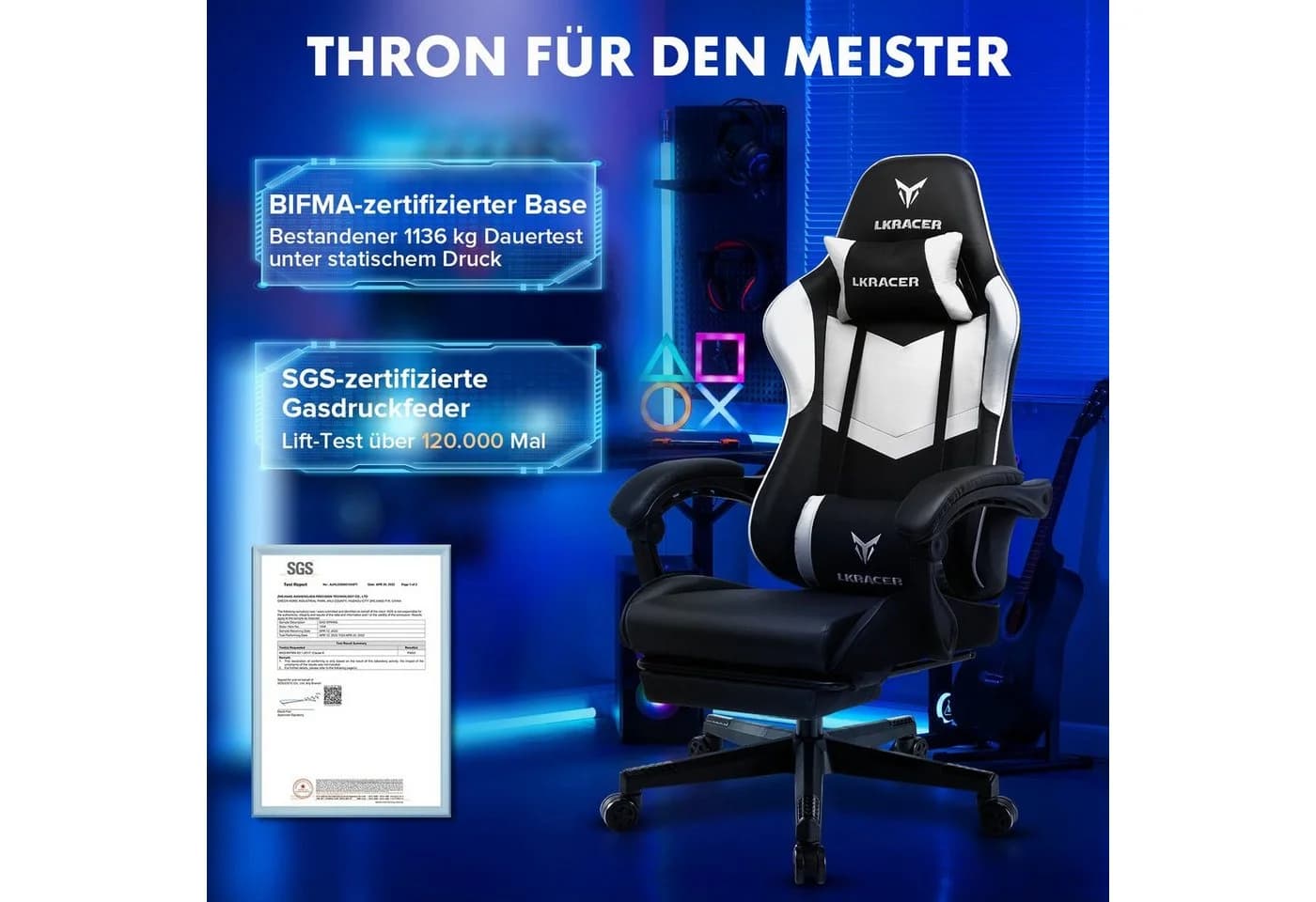 LUCKRACER Gaming-Stuhl Weiß Ergonomisch mit Lendenkissen - Bild 4