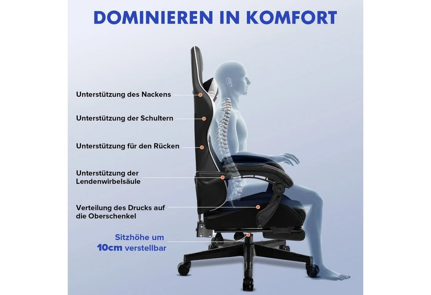 LUCKRACER Gaming-Stuhl Weiß Ergonomisch mit Lendenkissen - Bild 5