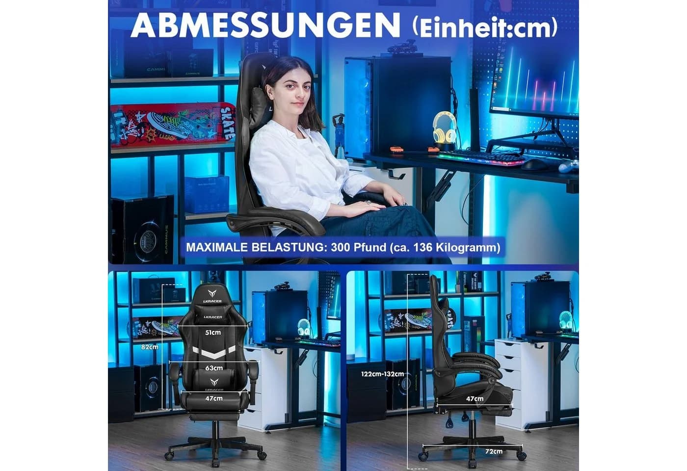 LUCKRACER Gaming-Stuhl Schwarz Ergonomisch mit Lendenkissen - Bild 3